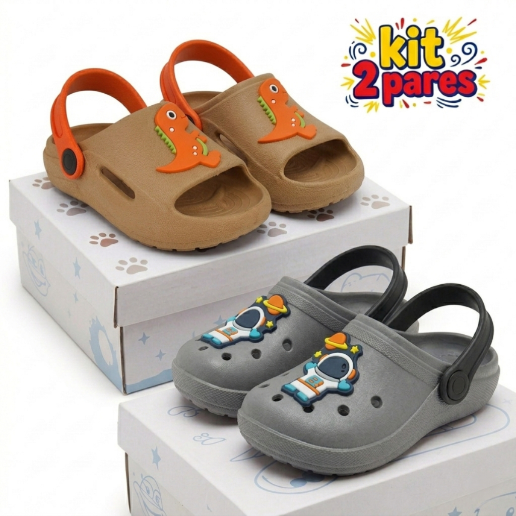 Kit 2 Chinelo Babuche Infantil Menino Leve Confortvel Sola Antiderrapante