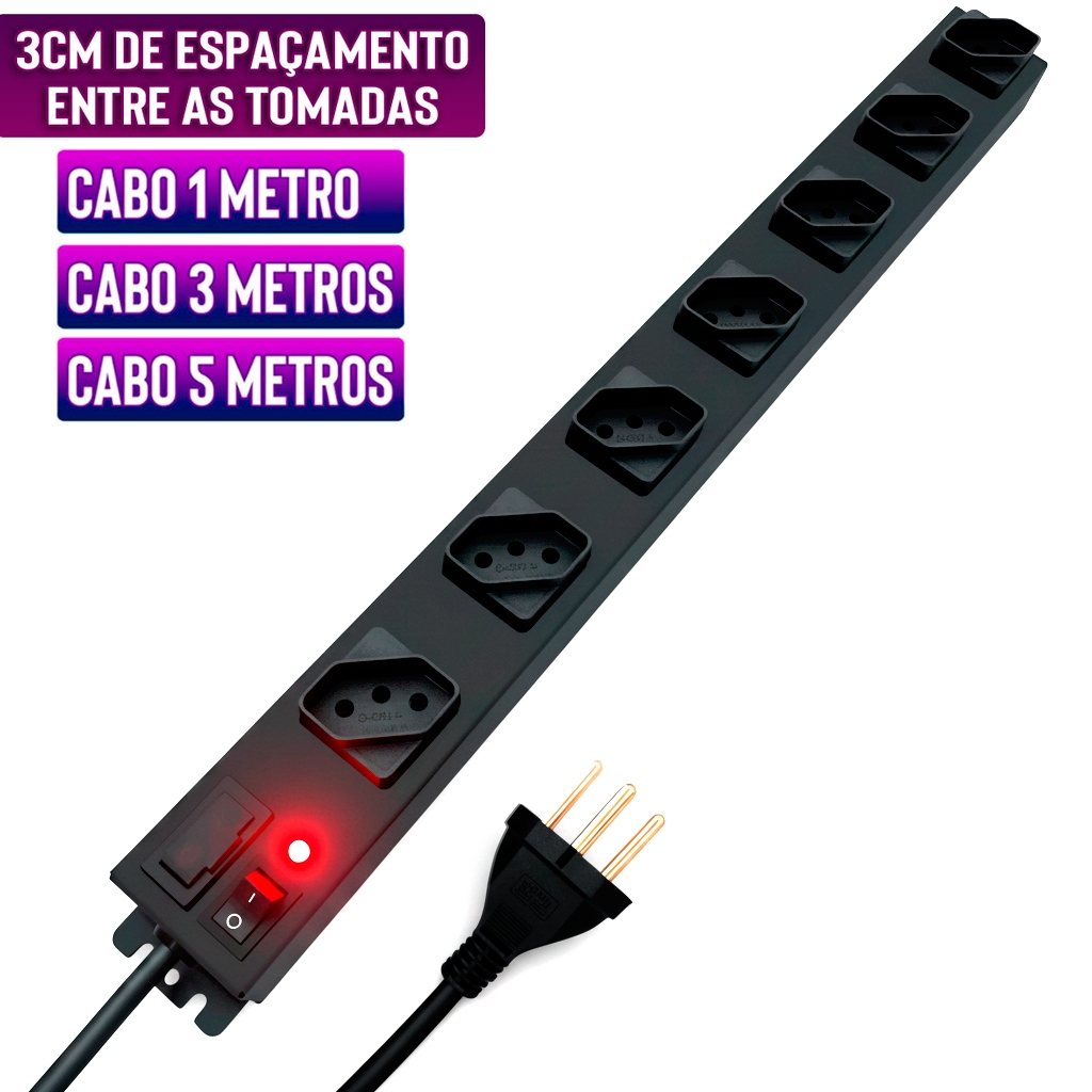 Filtro de Linha 7 Tomadas 10A Profissional (Cabo 1m, 3m, 5m) Metal Espaçamento de 3cm