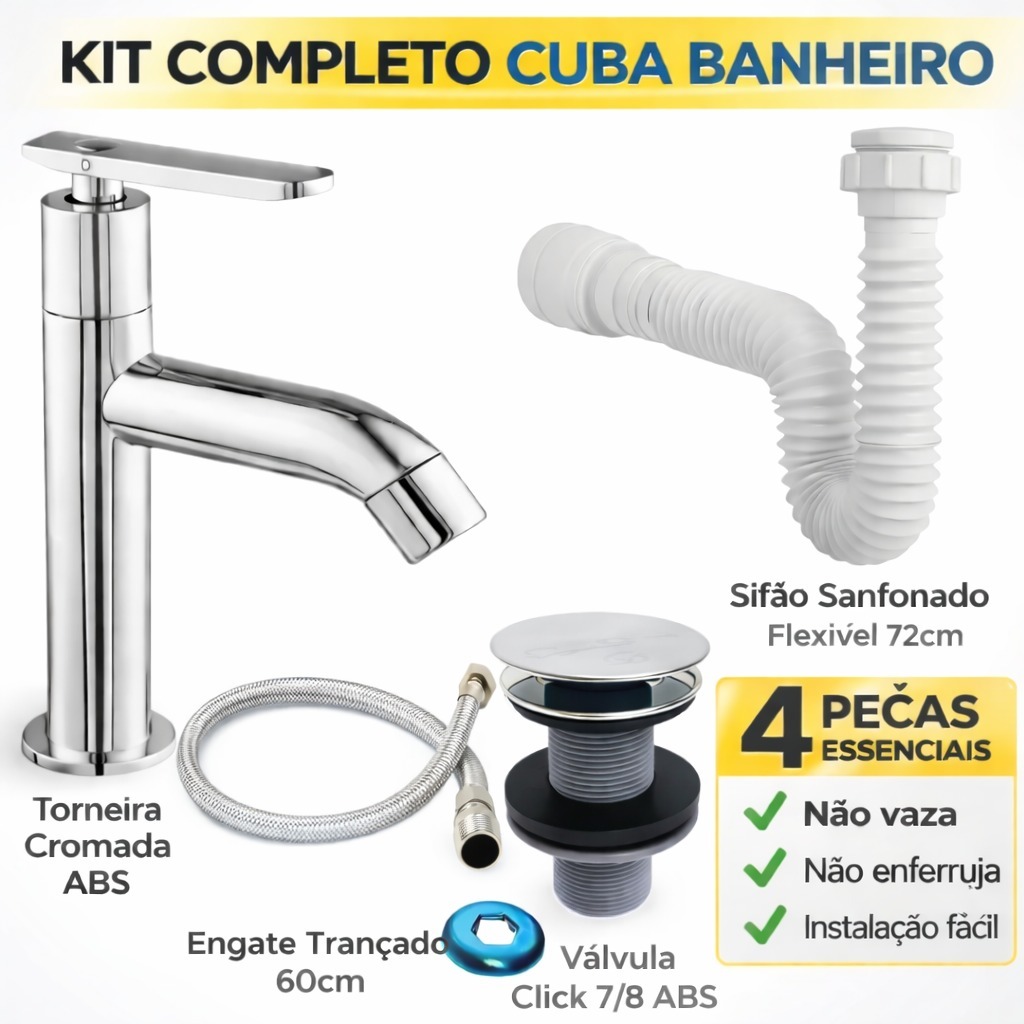 Kit Completo Cuba Banheiro Torneira ABS Cromada Válvula 7/8 Sifão Engate Flexível 60cm