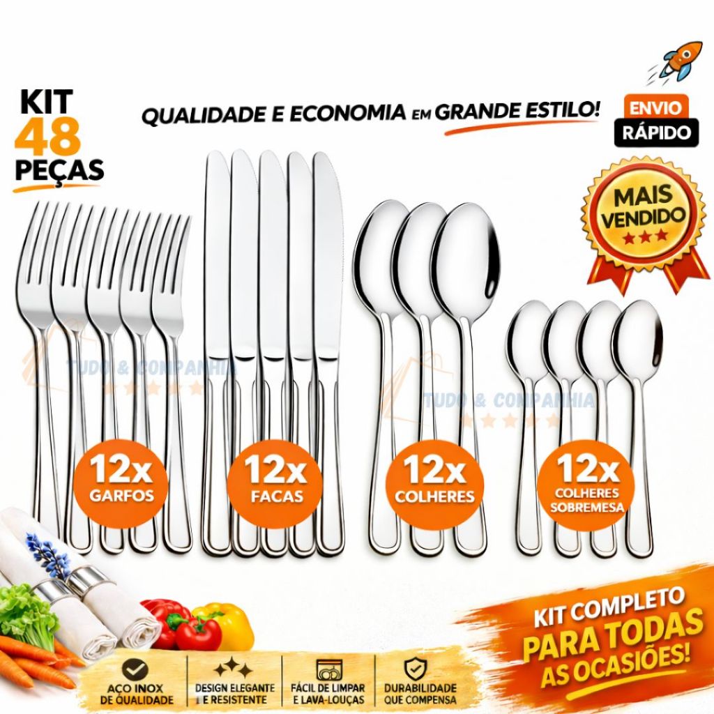 Jogo de Talheres 48 ou 24 Peças Aço Inox Garfos Colheres Facas Colheres Sobremesa Linha Premium