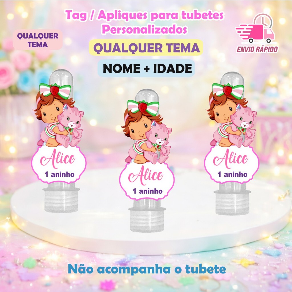 Apliques Personalizados Para Tubetes Moranguinho Baby - Lembrancinhas Aniversário / Com Nome e Idade