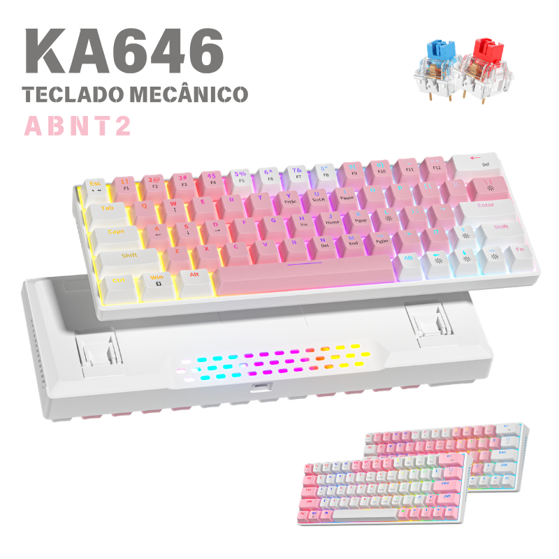 ZIFRIEND KA646 Teclado Mecânico Gamer 60% USB Com Fio ABNT2 Switch Azul e Vermelho Ergonômico Rosa