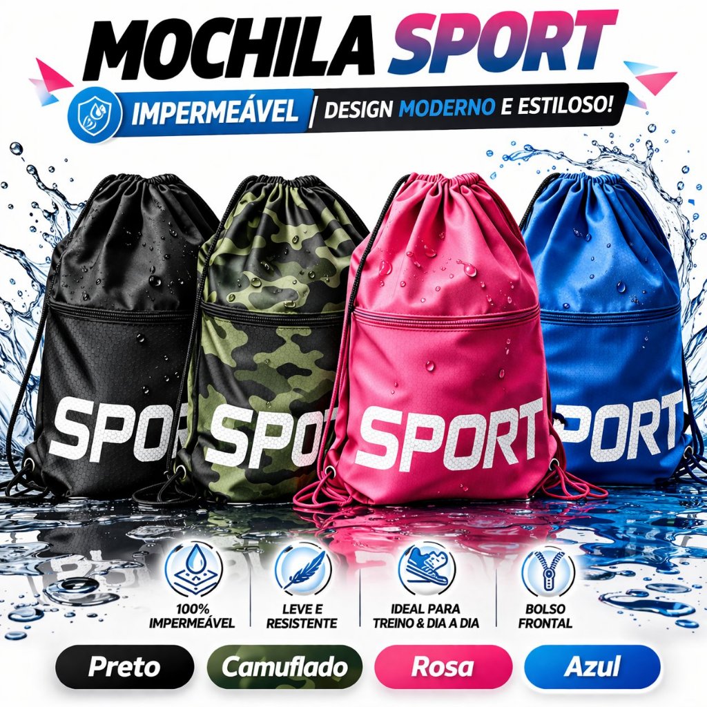Bolsa Academia Unissex Impermeável - Preta, Rosa, Azul, Camuflado