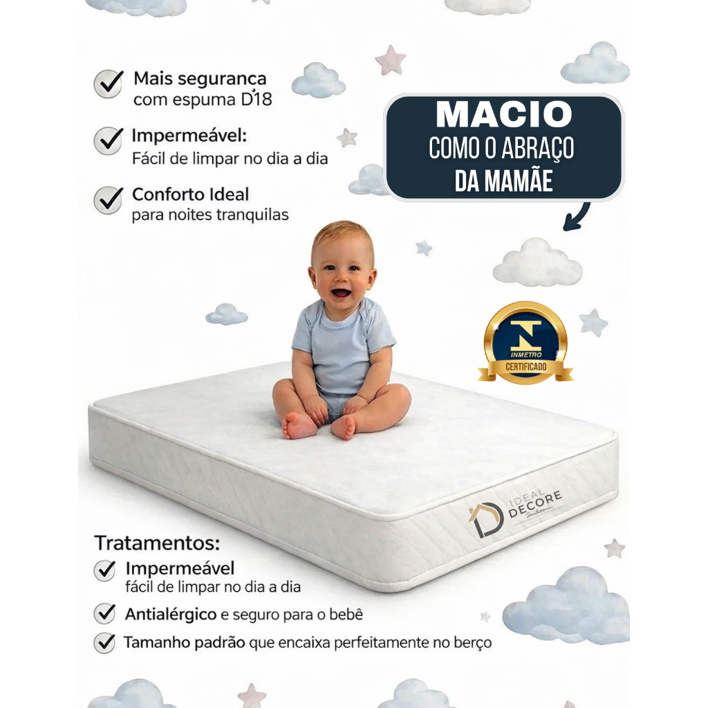 Colchão Berço Baby Antialérgico Plumatex D18 Impermeável 130x70cm Macio Com Certificado INMETRO