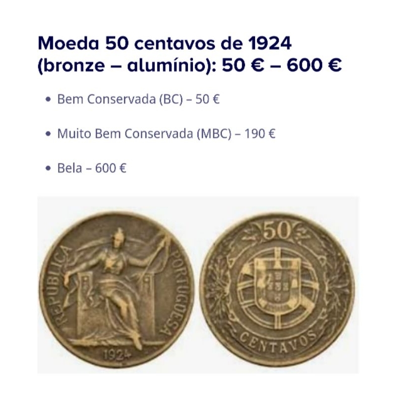 Moeda Linda ,vale 5x mais no exterior ,baixa tiragem ,50 centavos, 1924, Portugal ,listada 11°moeda mais rara de Portuga