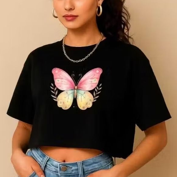 Blusa Cropped Feminino Oversized Maxi Estampado Borboleta 100% Algodão Academia Treino