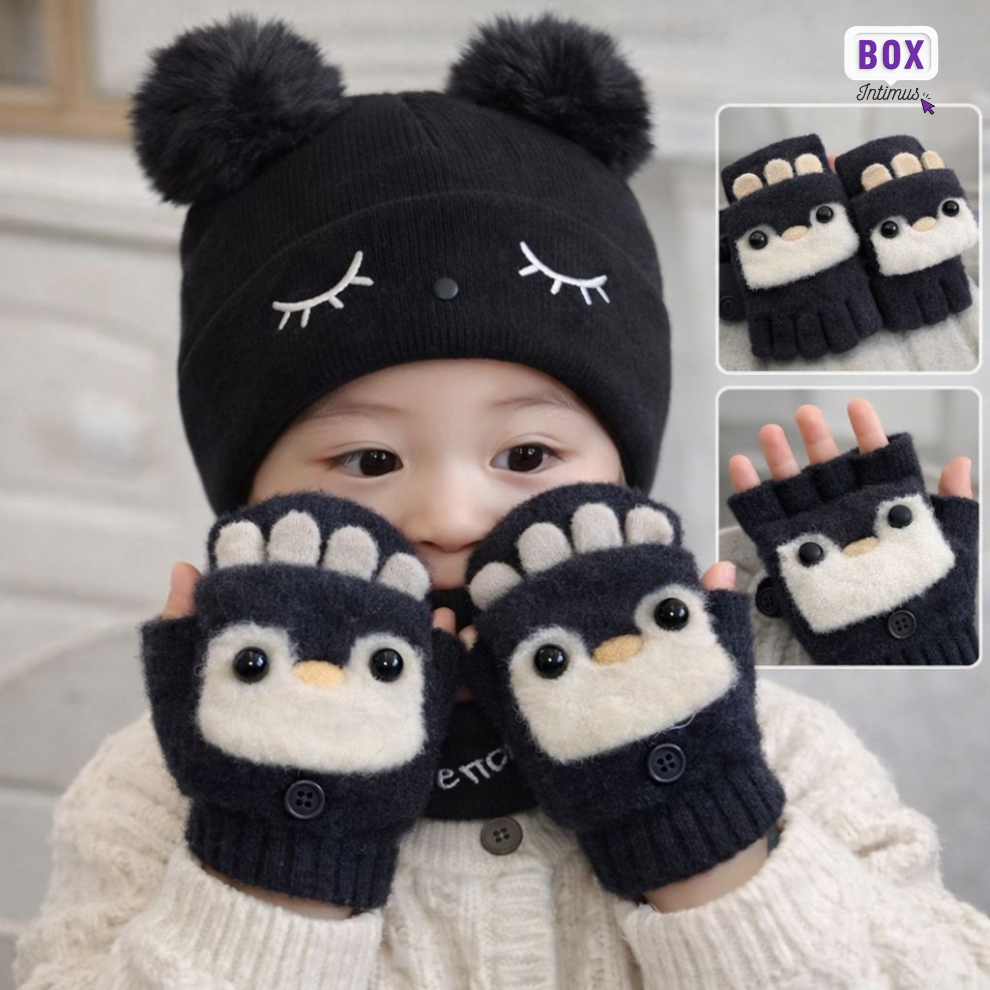 Kit Inverno Infantil até 5 Anos Touca + Protetor de Pescoço + Luva 2 em 1 | Cores Sortidas
