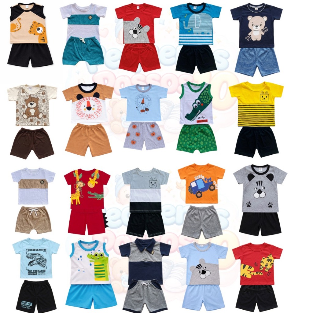 Kit sortidos 5 conjuntos bebê menino infantil 10 peças 5 camistas + 5 shorts estampas coloridas algodão de 3 a 6 meses