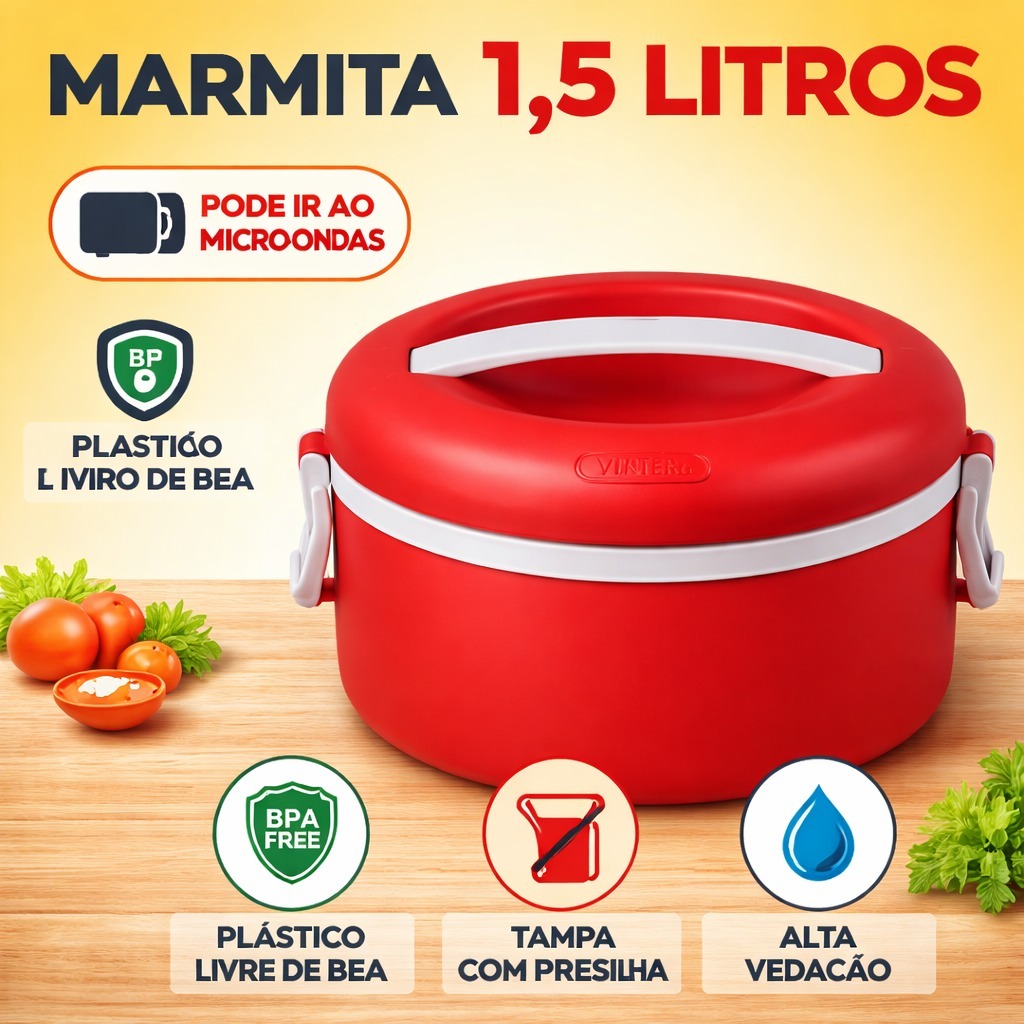 Marmita Térmica Vermelha e Cinza 1,5L com Tampa de Presilha