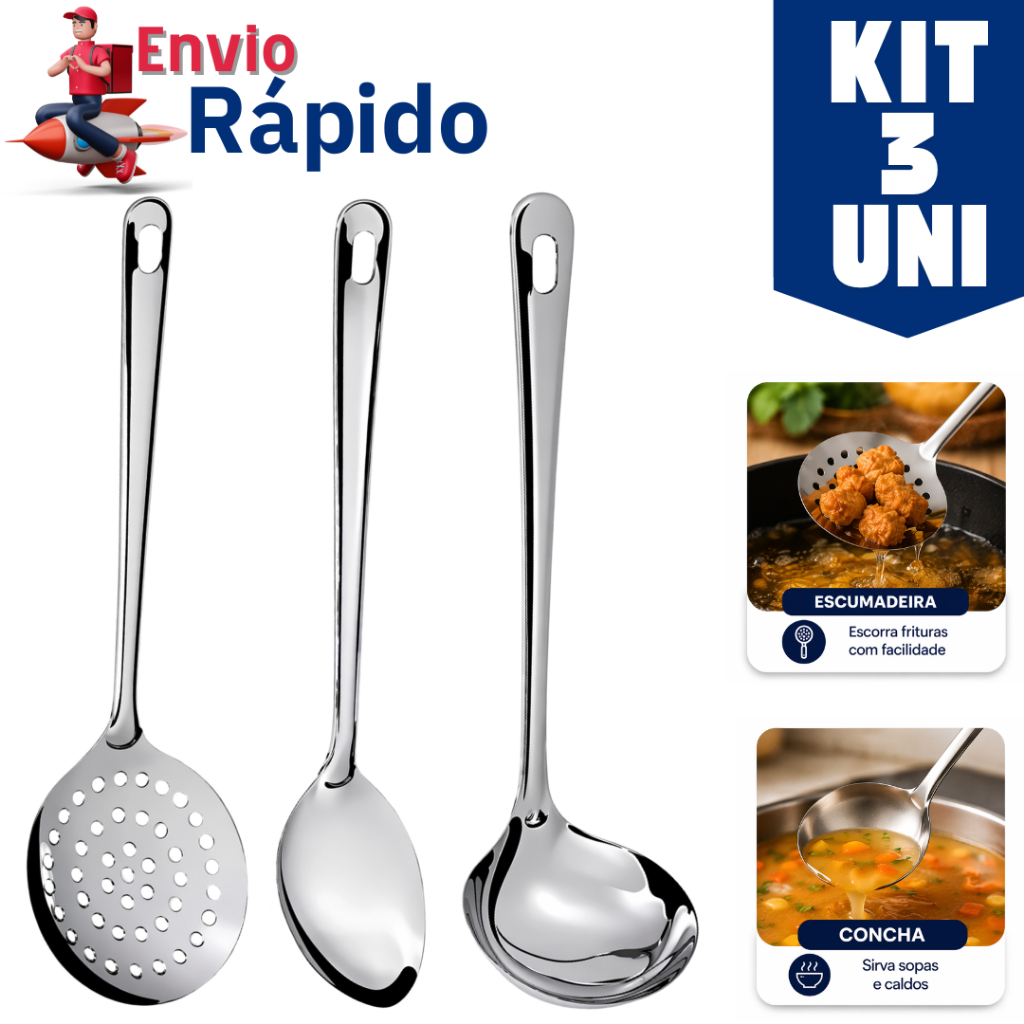 Kit Cozinha 3 ou 1 Peça Aço Inox Completo Escumadeira Concha Colher de Servir Brilhante Resistente Oferta Imperdível