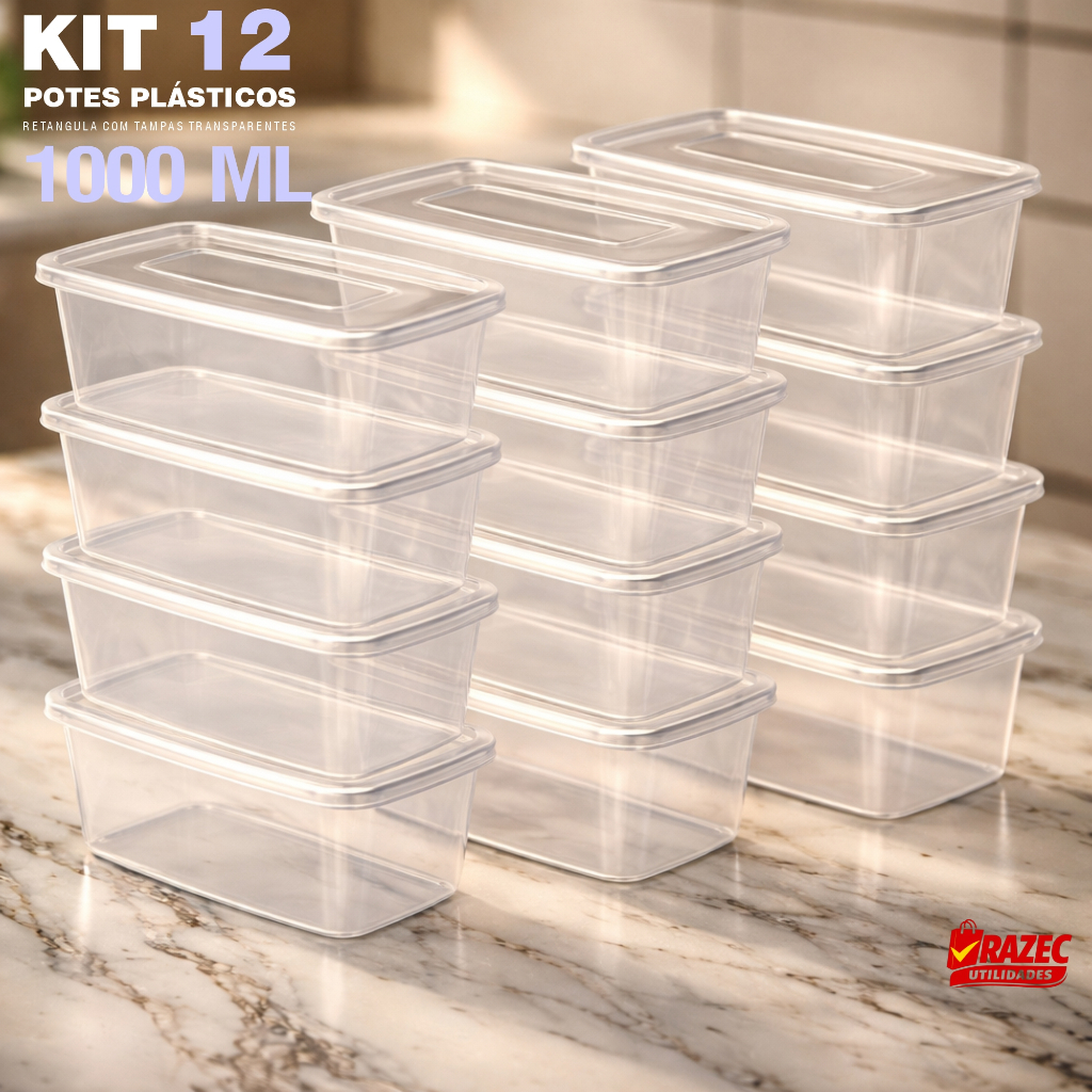 Kit 12 Potes 1 Litro Transparente Mantimentos Freezer Micro-ondas Marmita fitness Potes Mantimentos
