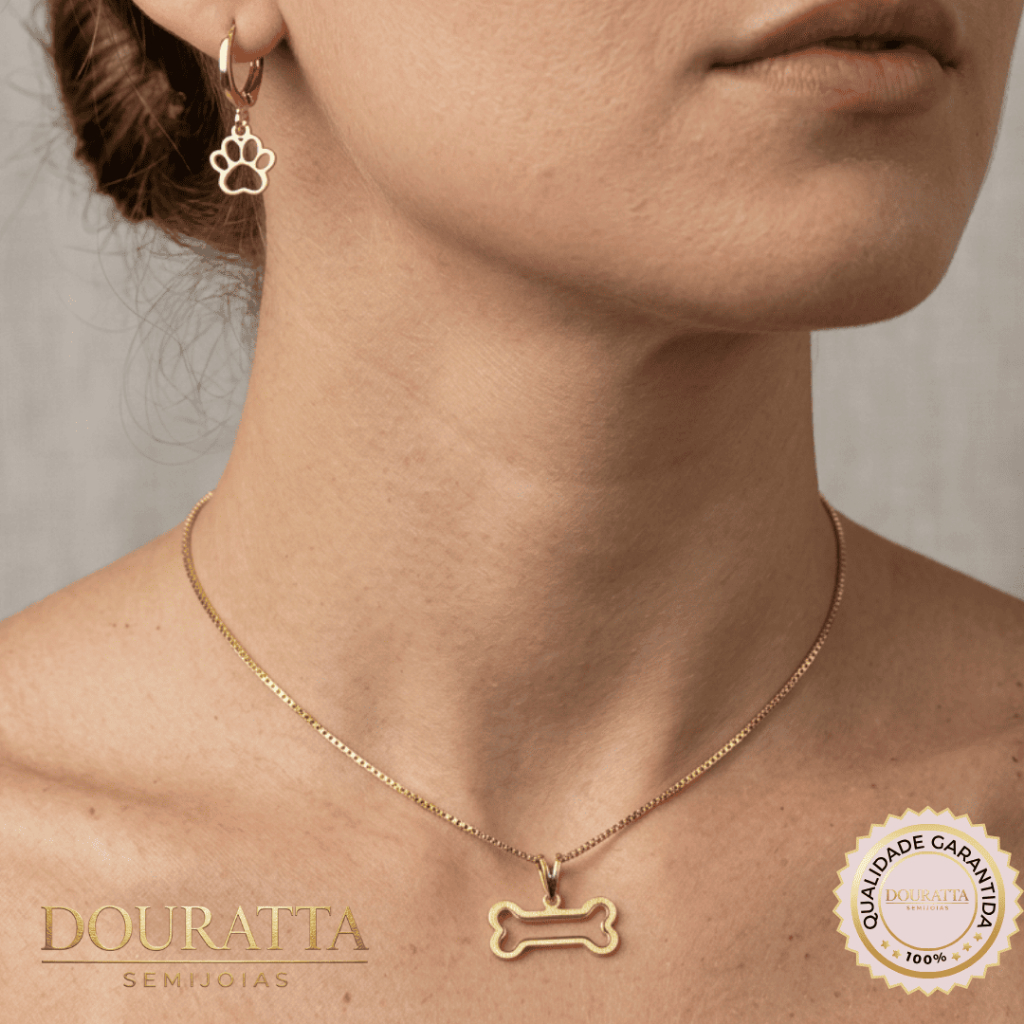 Conjunto Pet Ossinho e Patinha – Cordão 50cm e Argola – Ouro 18K ou Prata 950 - Douratta Semi Joia