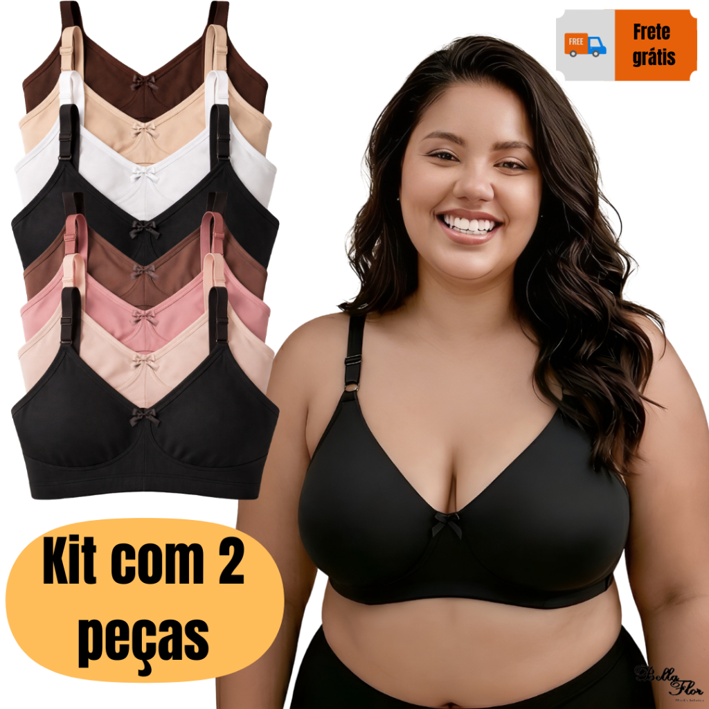 Kit 2 Sutiãs Plus Size SUPER SUSTENTAÇÃO Sem Bojo Reforçados Tecido Duplo Alças Grossas Conforto Máximo