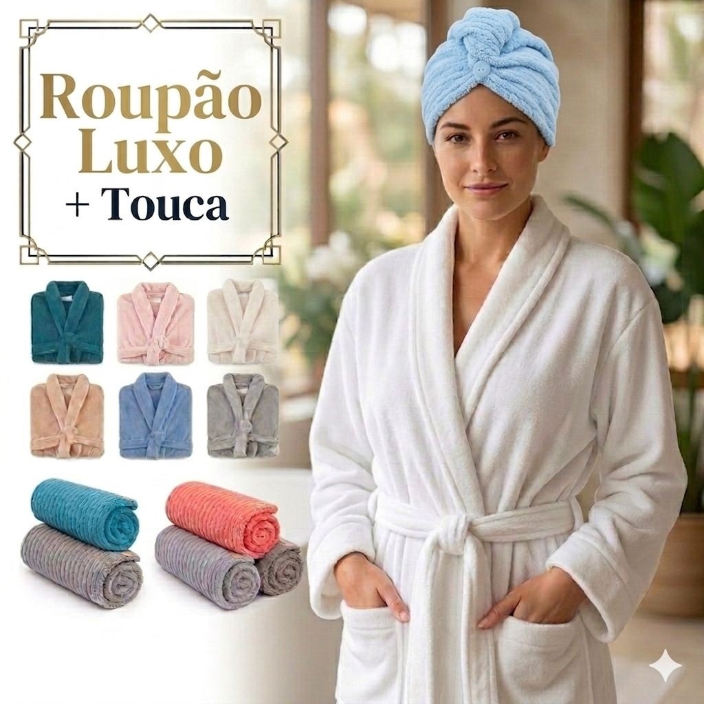 Roupão + Touca Magica Tecido Luxo Neo Velour Ultra Macio Aveludado Microfibra de Banho Adulto M e G Unissex Masculino