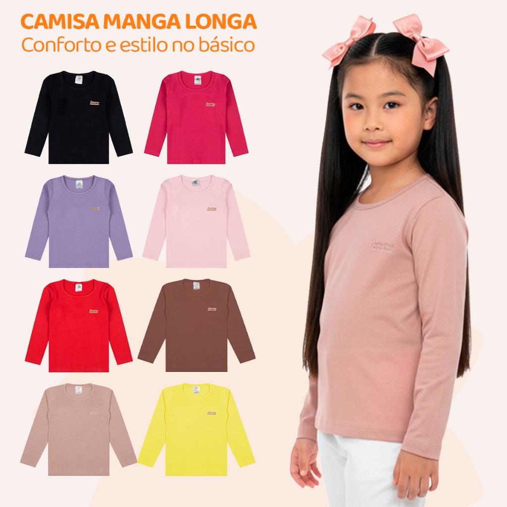 Kit 3 ou 5 Blusas Manga Longa Infantil Bebê Menina Algodão Lisa Camisetas Manga 