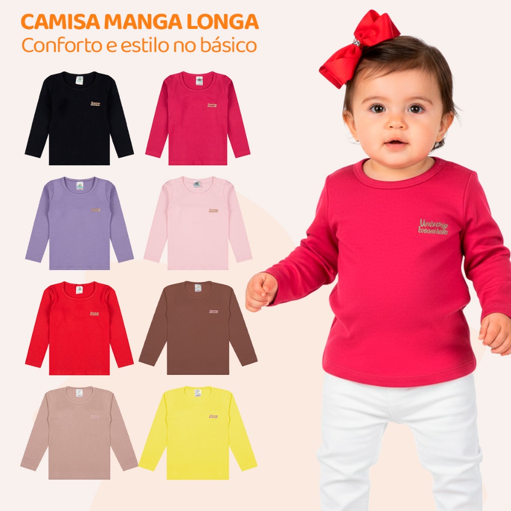 Kit 3 Blusas Manga Longa Bebê Menina Neném Baby Algodão Lisa Básica Feminino Inv