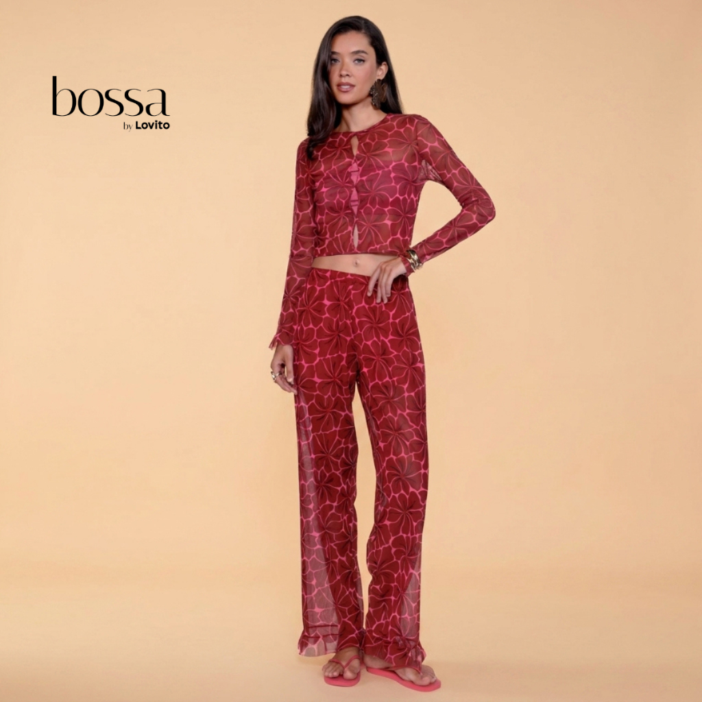 Lovito Bossa l Calça em Tule Estampa Floral Vermelha e Rosa Babados na Barra PTB