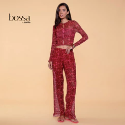 Lovito Bossa l Calça em Tule Estampa Floral Vermelha e Rosa Babados na Barra PTB15761606