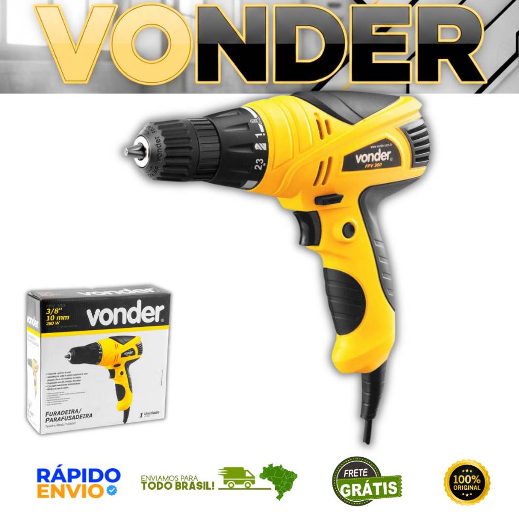 Furadeira Parafusadeira VONDER 280W 3/8" 220V 23 Ajustes de Torque Mandril Rápido Uso Madeira Metal