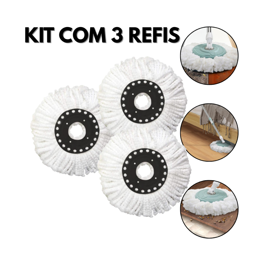 Refil Mop Giratório Kit com 3 Unidades Microfibra para Mop 12L Encaixe 16cm