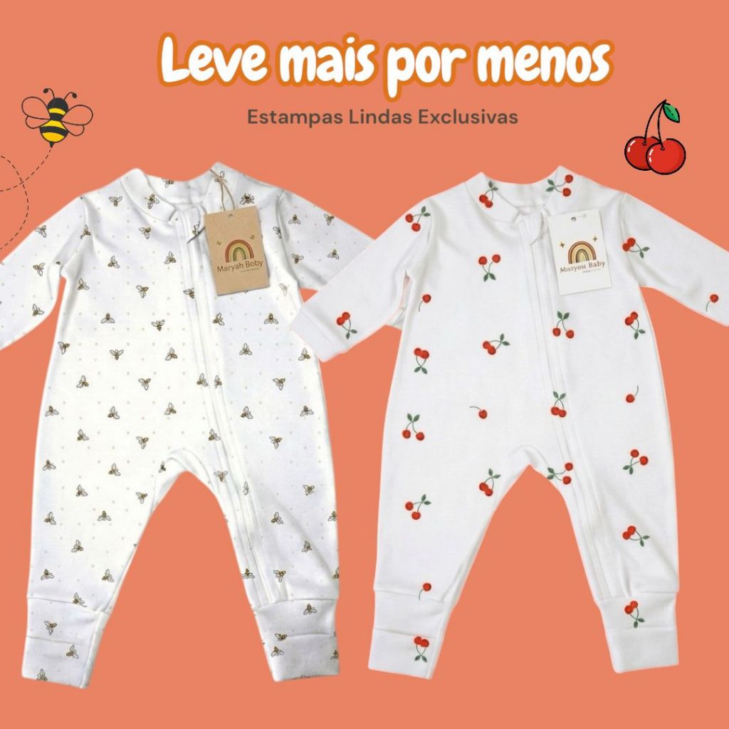 2 Macacões Bebê Menina Abelhinha/Cerejinha Vira Pé Quentinho com Zíper 100% Algodão RN ao GG