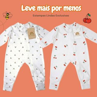 2 Macacões Bebê Menina Abelhinha/Cerejinha Vira Pé Quentinho com Zíper 100% Algodão RN ao GG