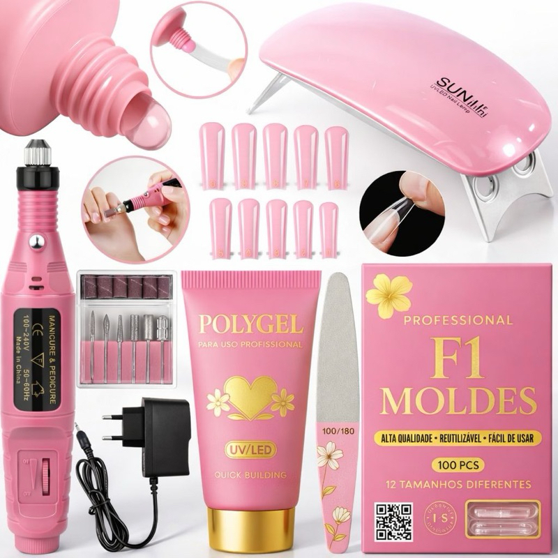 Kit Unha de Gel Completo Iniciante Manicure Alongamento Cabine Sun Mini Unhas Polygel Molde F1 Lixa Lixadeira Elétrica