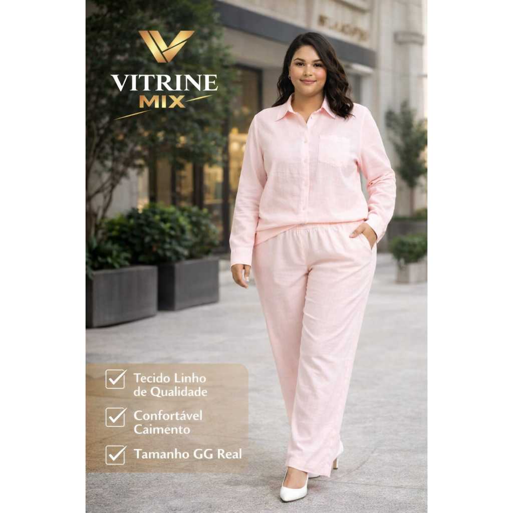 Conjunto Feminino Linho Premium GG Camisa + Calça Soltinha Elegante Confortável Moda Casual