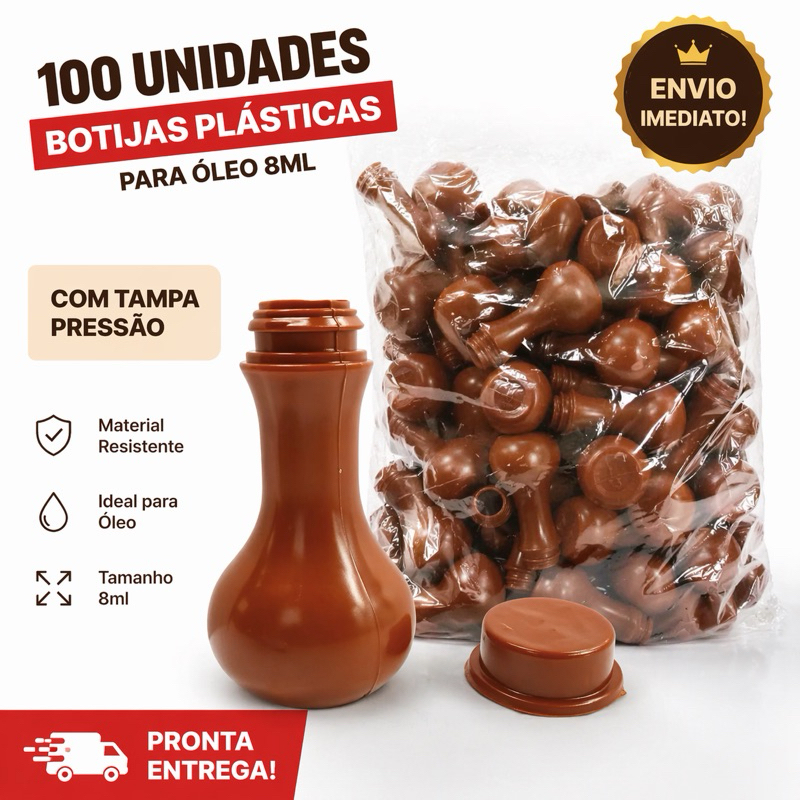 100 Botijas 8ml Plástico  Marrom  Tampa Pressão Óleo Unção Lembrancinha Igreja