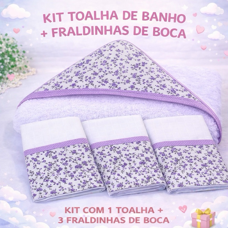 Kit Toalha de banho com Capuz e 3 fraldas de boca bebê infantil babete pano de boca menina e menino premium