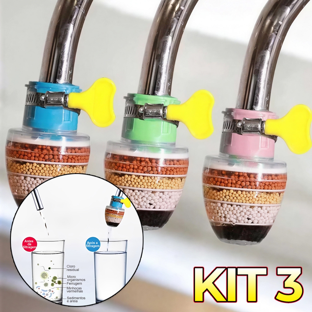 Kit 3 ou 5 Unidades - Filtro Purificador 3 em 1 para Torneira - Kit 3 ou 5 Unidades