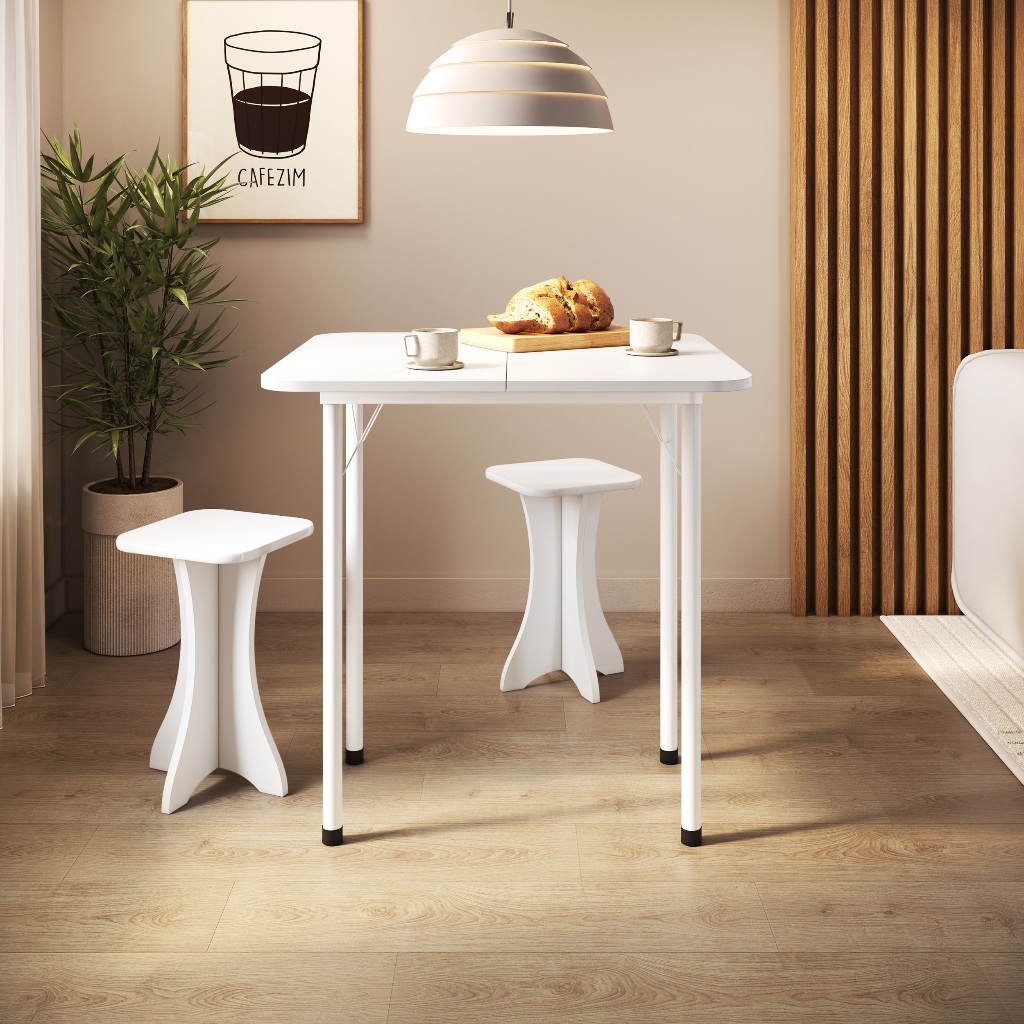Conjunto Mesa Dobrável Com 2 Bancos EM MDP BRANCO Cozinha Jantar Sala