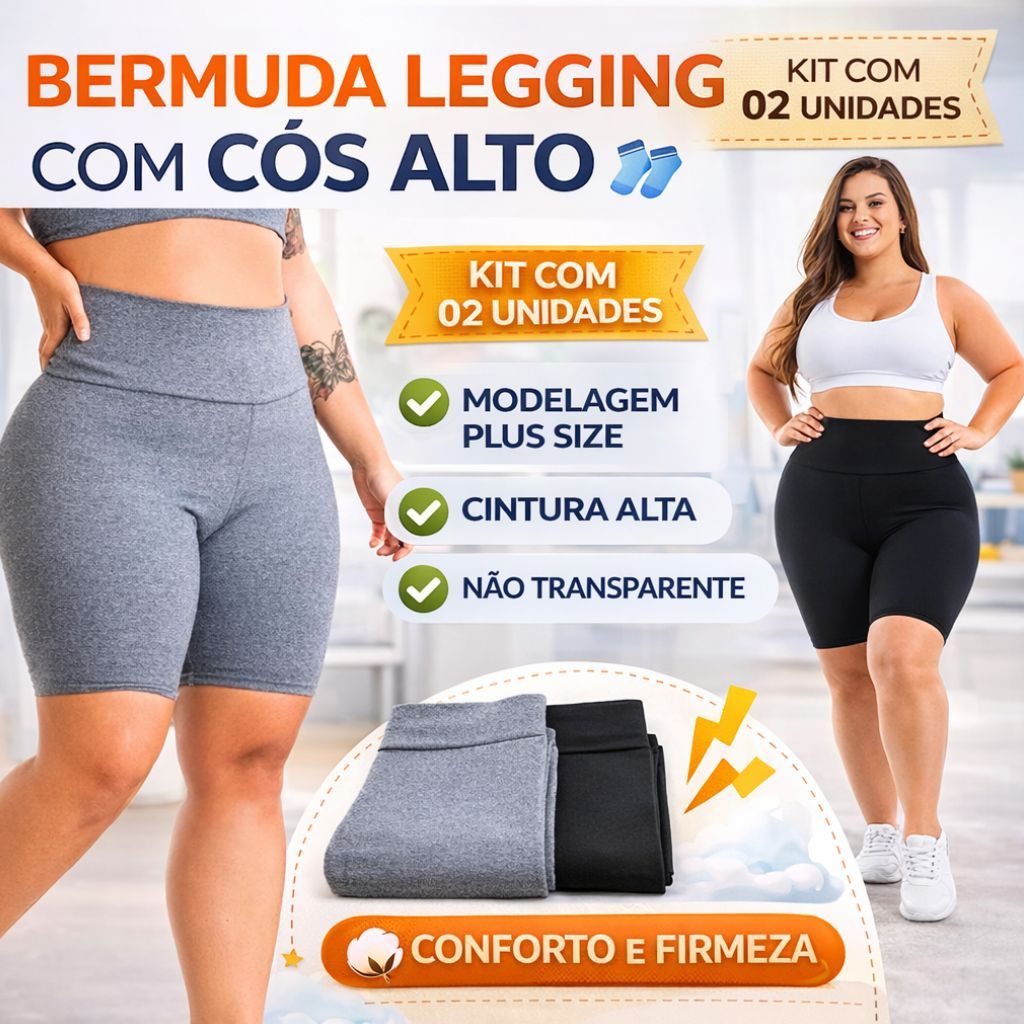 Kit 2 Bermudas Legging Feminina Cós Alto Academia Plus Size Suplex Não Transparente Modeladora