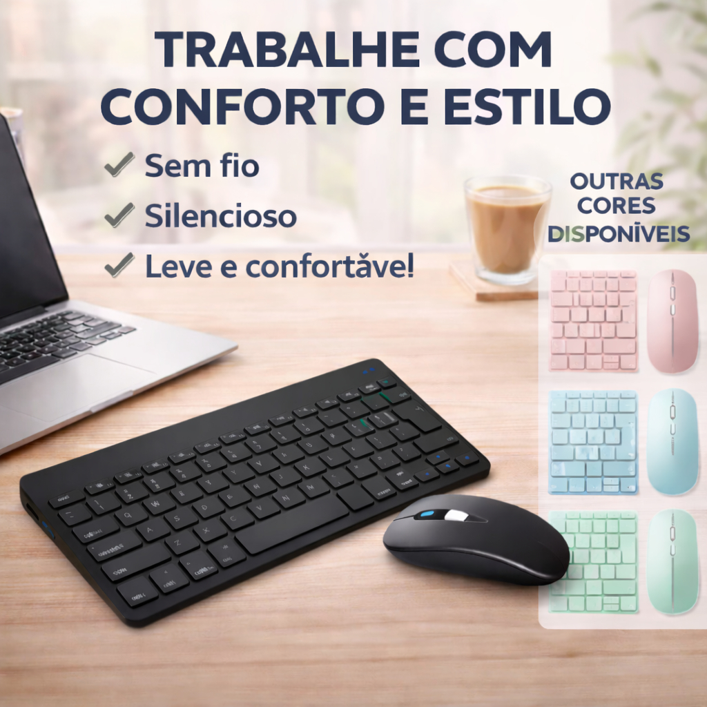 Kit Teclado e Mouse Sem Fio Recarregável ABNT2 Bluetooth, Teclado Slim Português