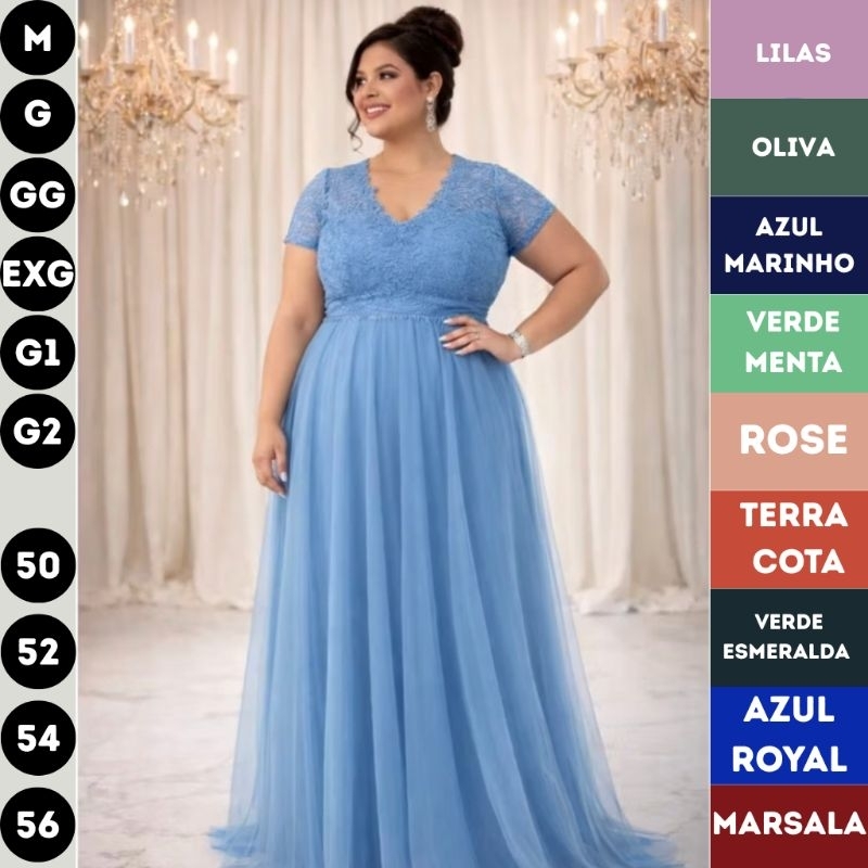 Vestido de Festa Longo Evangélico Tendência Tule Elegante Moda Festa Casamento Formatura Madrinha Plus Size Ef Glamour