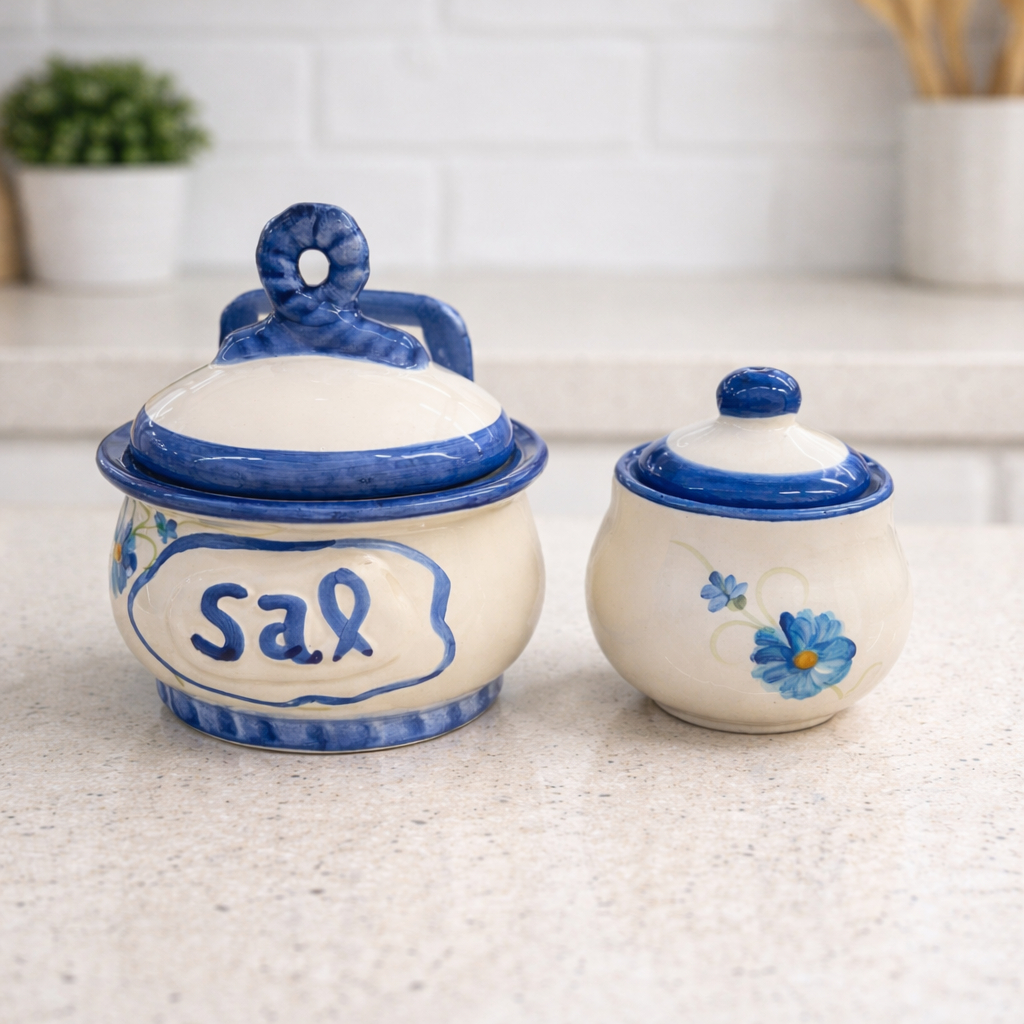 Kit Saleiro e Açucareiro Cerâmica Azul Branco com Tampa – Pote para Sal e Açúcar Decorativo Cozinha Moderna