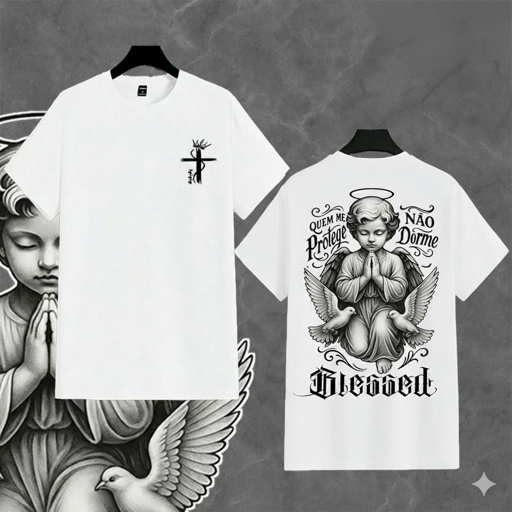 Camiseta Algodão Masculina Anjo Quem Me Proteje Não Dorme Infantil ao Plus Size até G5 262
