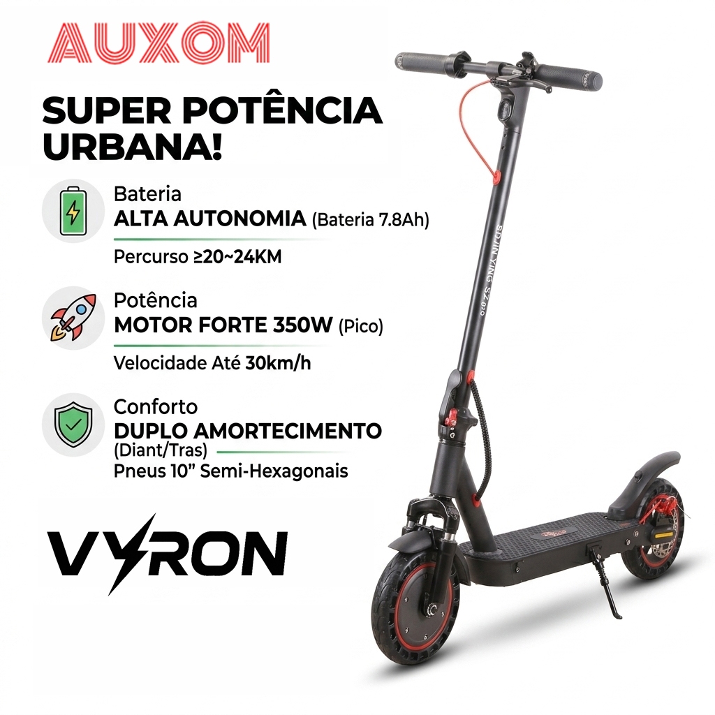 VYRON Patinete Elétrico Adulto 350W Rodas de 10” Alta Velocidade Bateria Durável