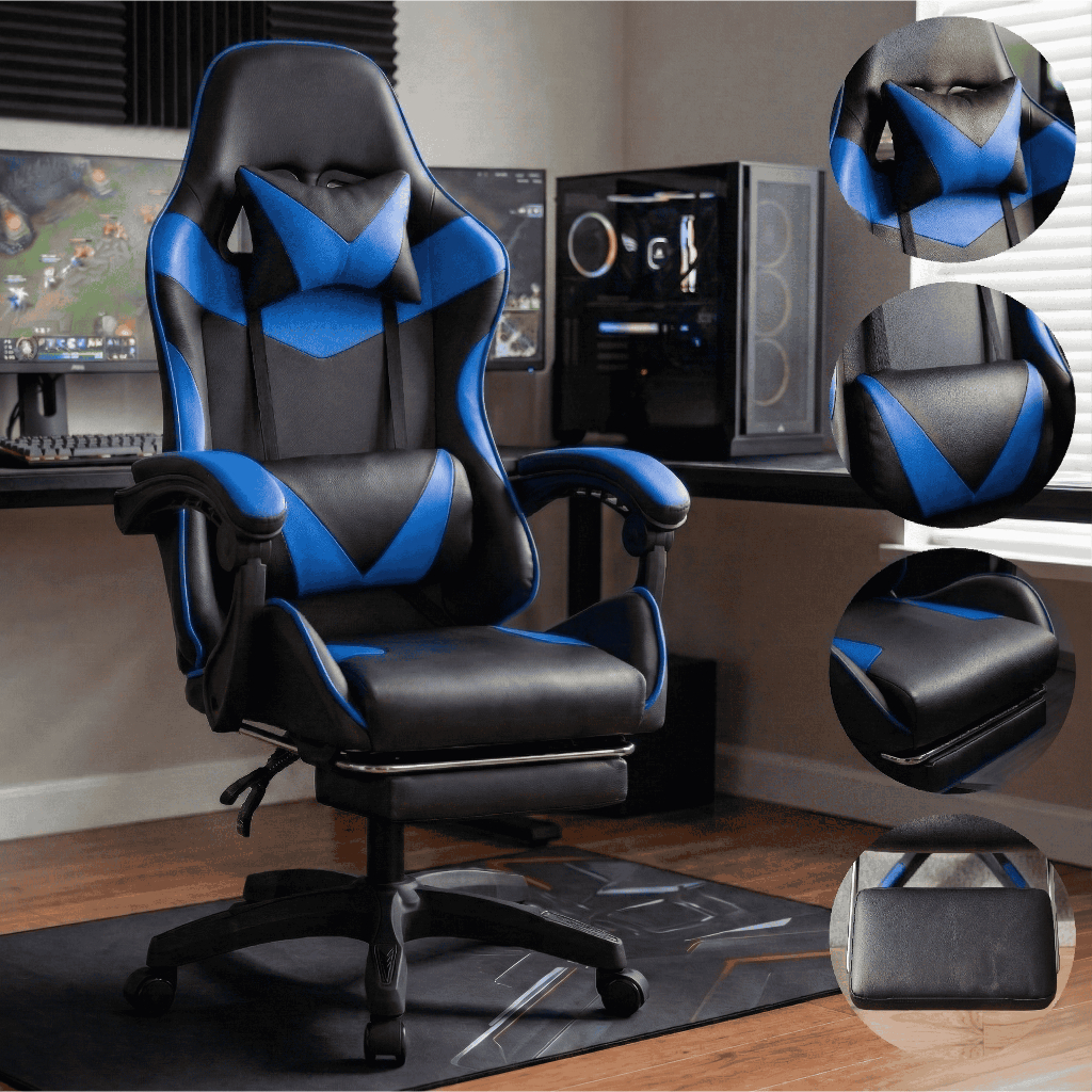 Cadeira Gamer Ergonômica Classic Cor Azul Com Apoio de Pés Em Couro Reclinável Altura Ajustável