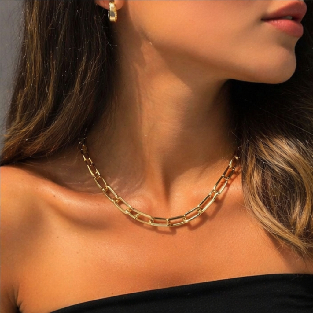 Colar Correntaria M com Design em Elos Retangulares Médios 60cm, Folheado a Ouro Itália não escurece em Oferta na Shopee