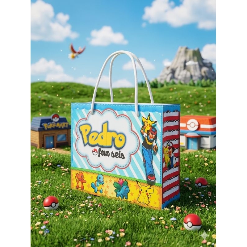 Sacolinha Personalizada Pokémon |Lembrancinha Infantil Aniversário |Sacola com Nome e Idade |Tema Pikachu Festa Infantil