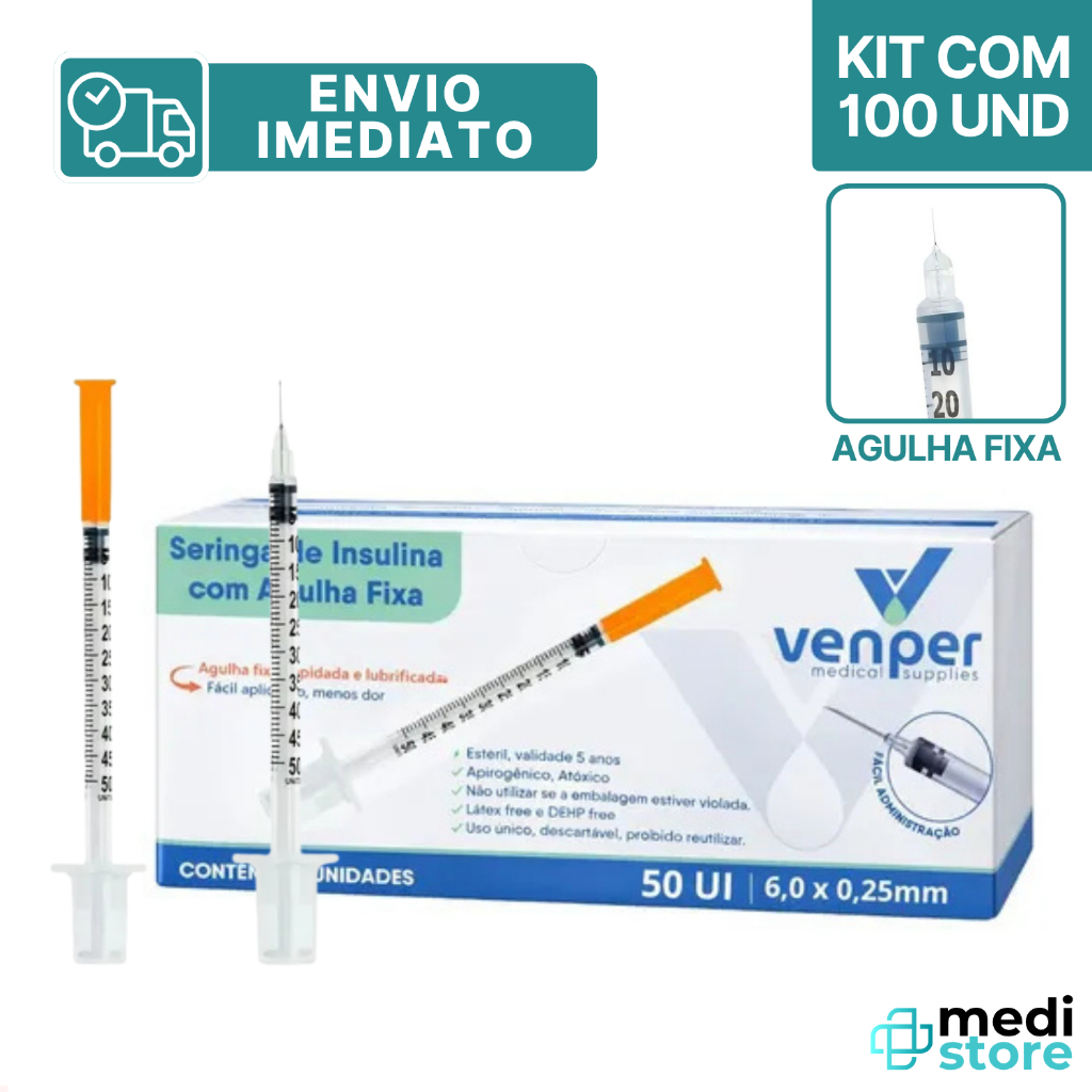 Kit com 100 - Seringa de Insulina Botox 0,5ml 6x0,25 50UI com Agulha Fixa - Envio Imediato