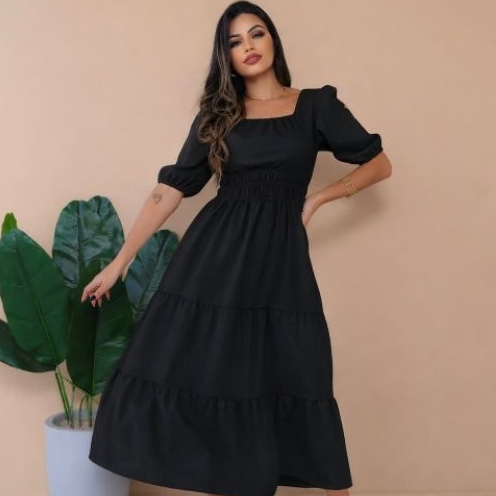 Vestido Feminino Midi longo Linho premium Bordado E Elástico Nas Costa Manga Princesa E Elegante