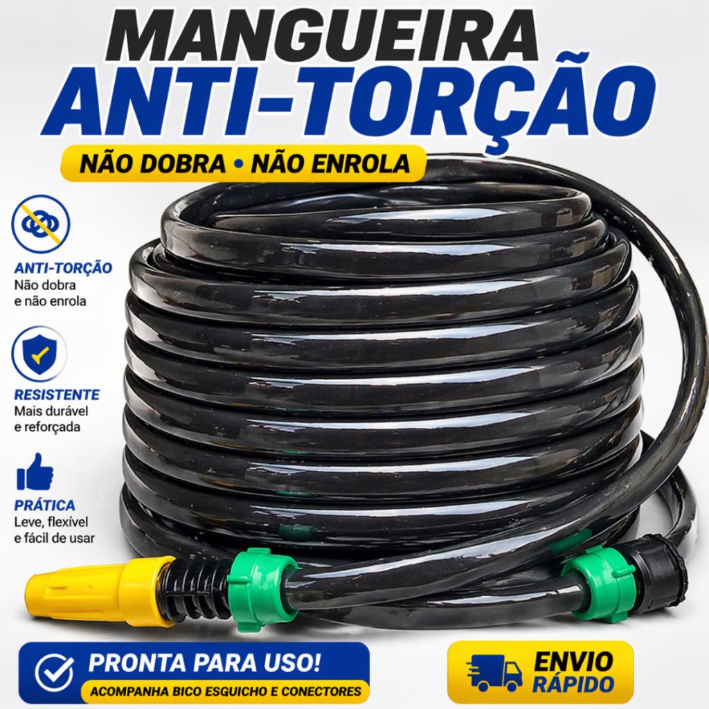 Mangueira de Jardim Anti-Dobras Preta com Esguicho Regulável + Conectores | Mangueira Não Dobra