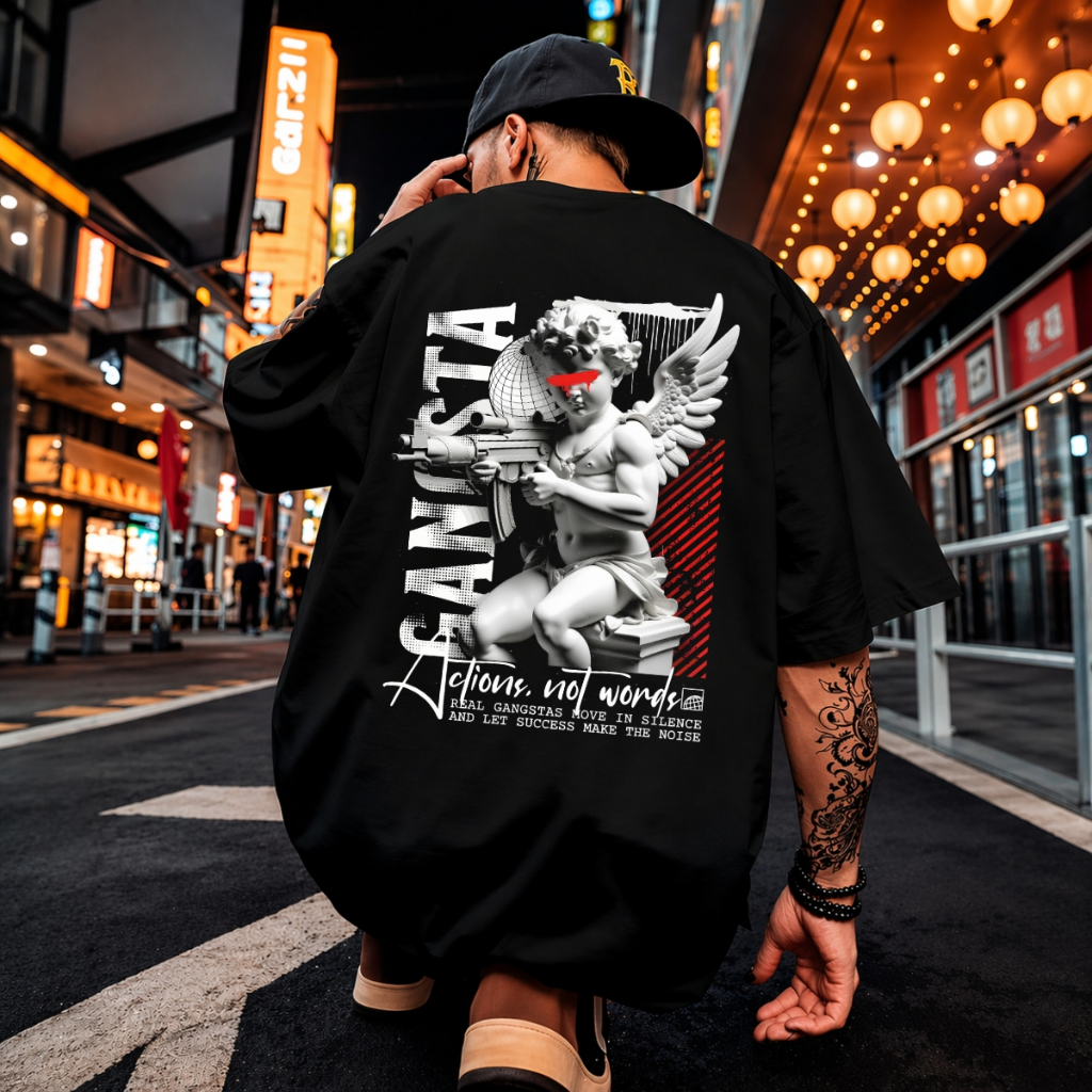 Camiseta Descolada Oversized Premium Estampa Grande Angel Masculina Gangsta Bodybuilder