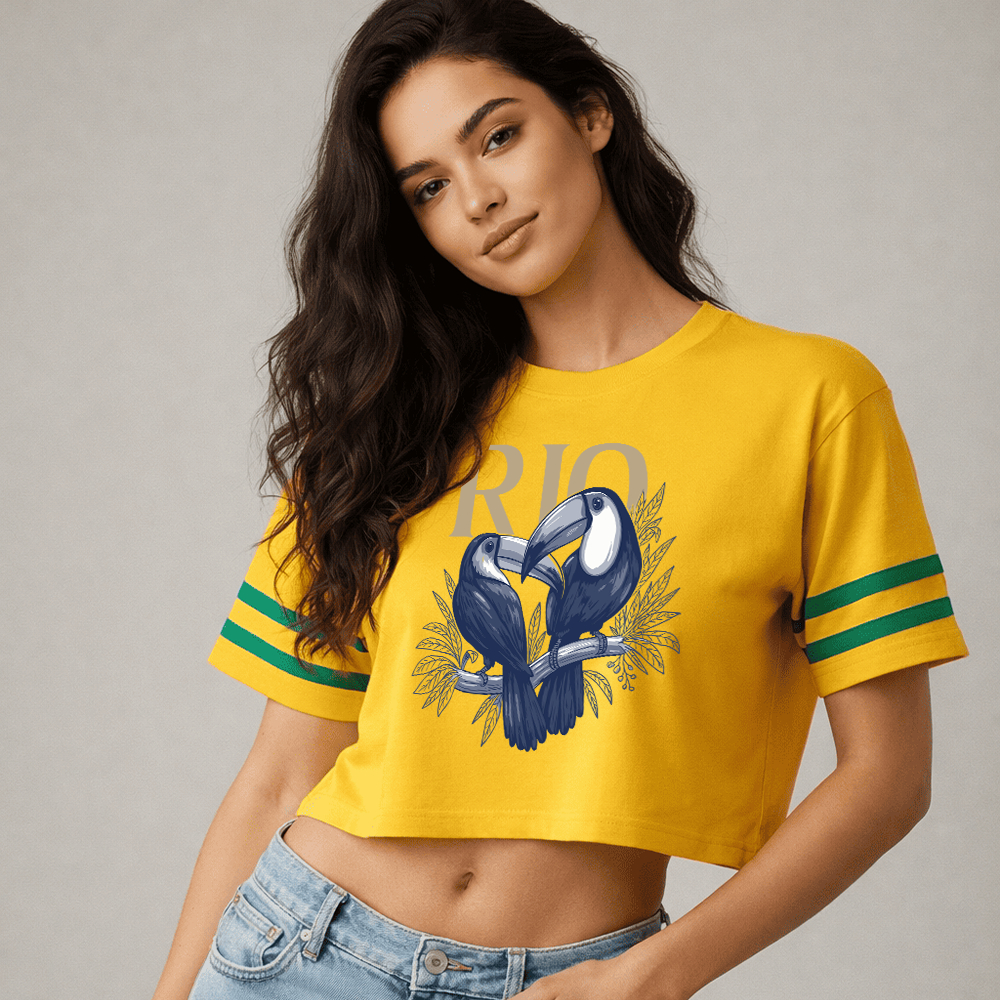 Blusa Cropped Oversized Algodão Feminino Rio Tucano Pássaro Futebol Esportes Brasil Verde Amarelo