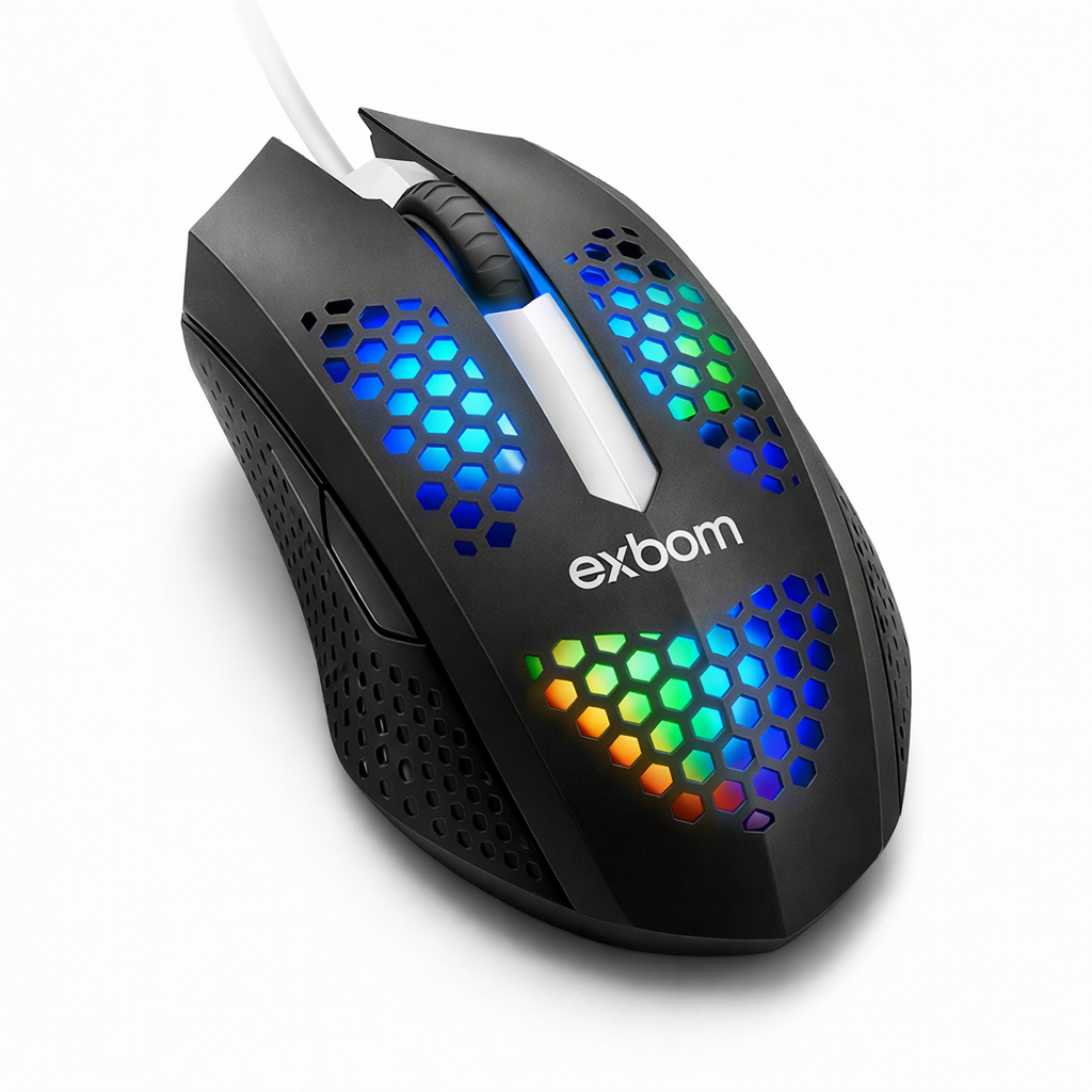 Mouse Gamer RGB Preto Com Fio LED Exbom 1200 DPI Ergonômico USB Barato PC Notebook