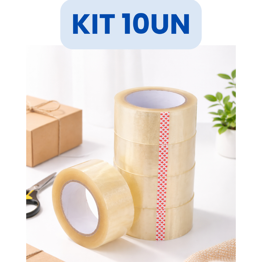 Kit 10 Fitas Adesivas 45mm x100 metros Transparente Forte Para Embalar