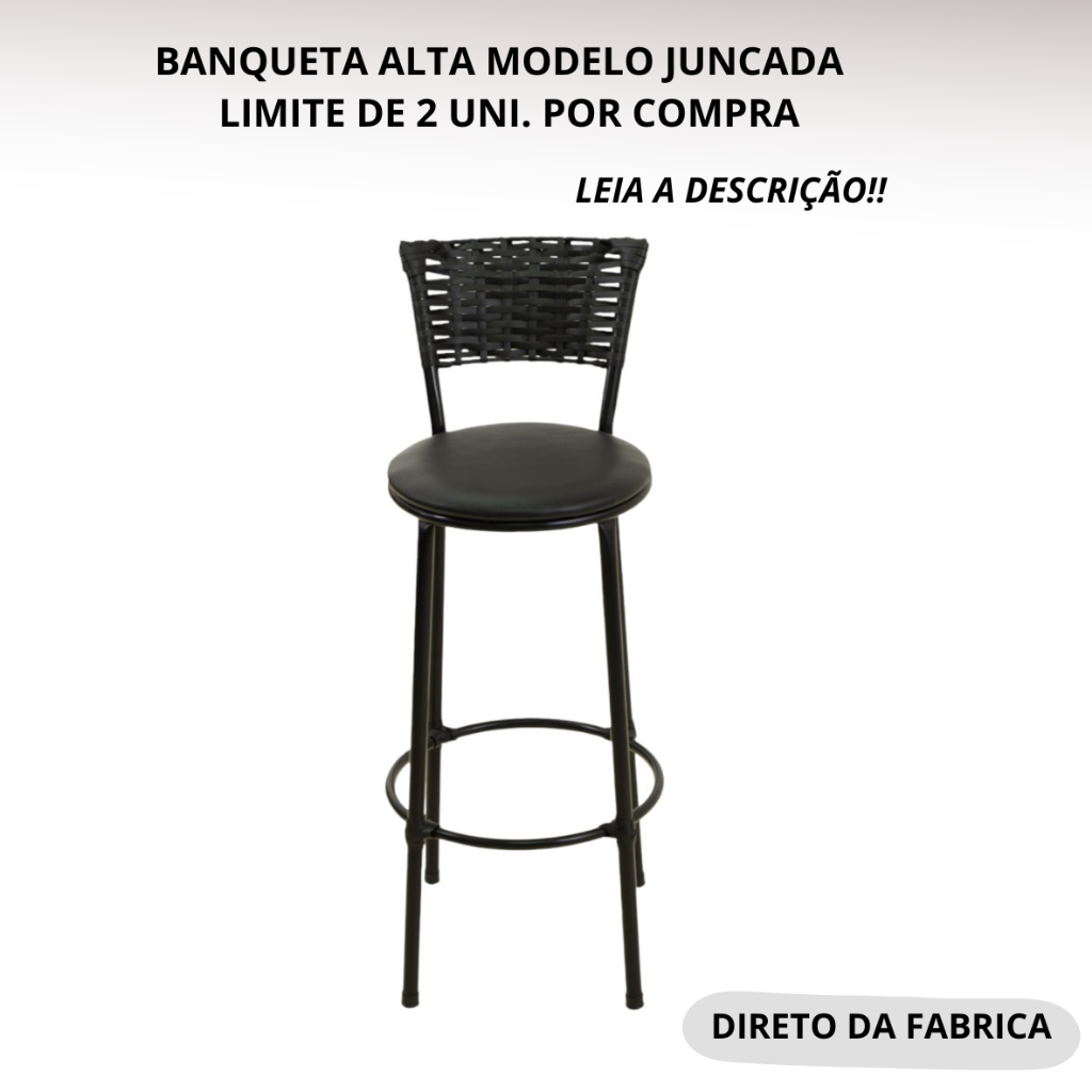 BANQUETA ALTA DESMONT. ENCOSTO JUNCO PRETO FIBRA SINTETICA PARA AREAS GOURMETS BALCÃO COZINHA AMERICANA BISTRO
