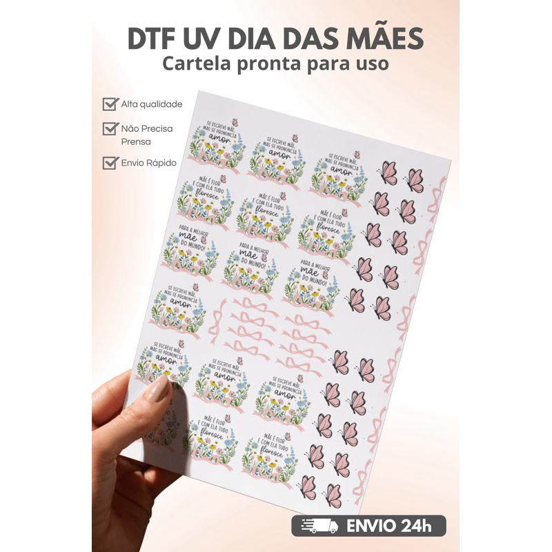 +50 Adesivos DTF UV Dia das Mães Cartela Pronta para Uso | Frases Mãe Amor + Flores e Borboletas | Alta Qualidade